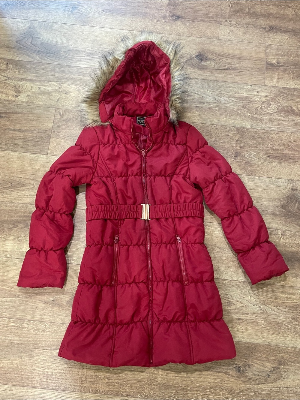 Quilted Hooded Puffer Coat with Faux-Fur Trim - Deep Red